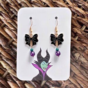 New Handmade Black & Gold-Tone Dangling Bow Earrings Inspired by "Maleficent"